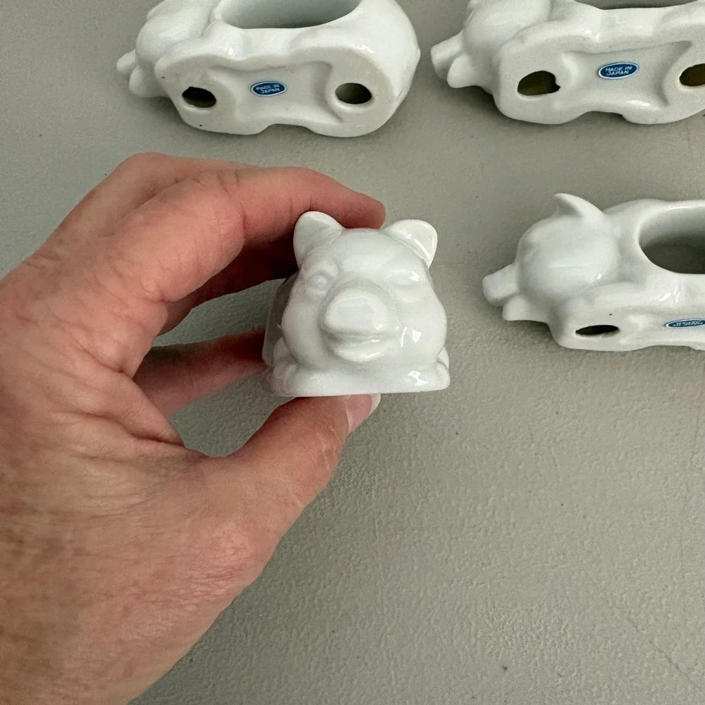VTG White Porcelain Pig Napkin Rings Set of 4 Made in Japan Farmhouse Decor